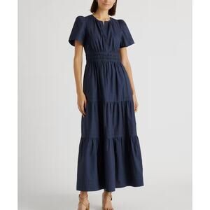 NWT Quince Women's 100% Organic Cotton Poplin Tiered Maxi Dress Navy Size S
